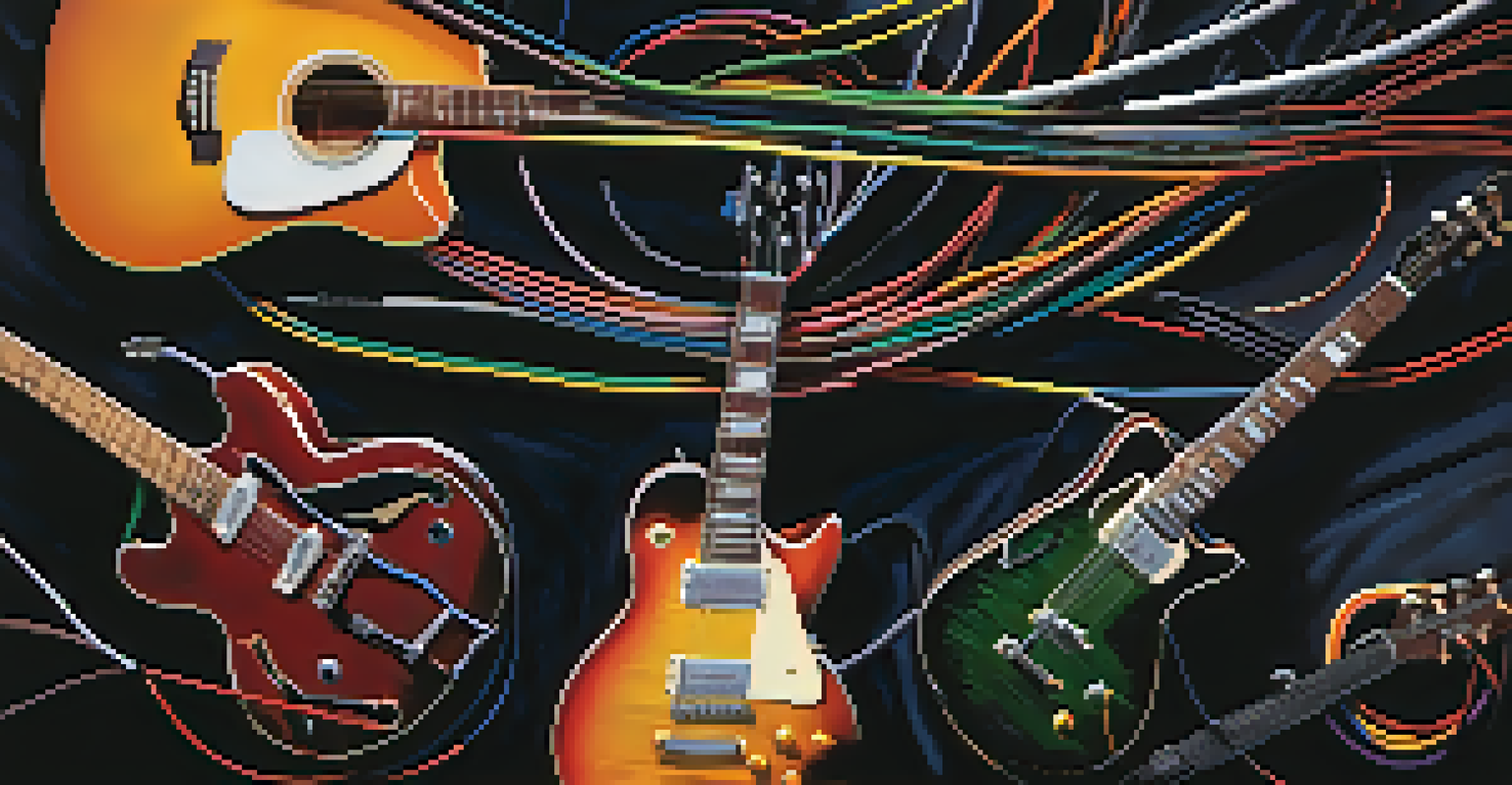 A circular arrangement of different guitar cables on a dark velvet background, highlighting their connectors and colors under soft lighting.
