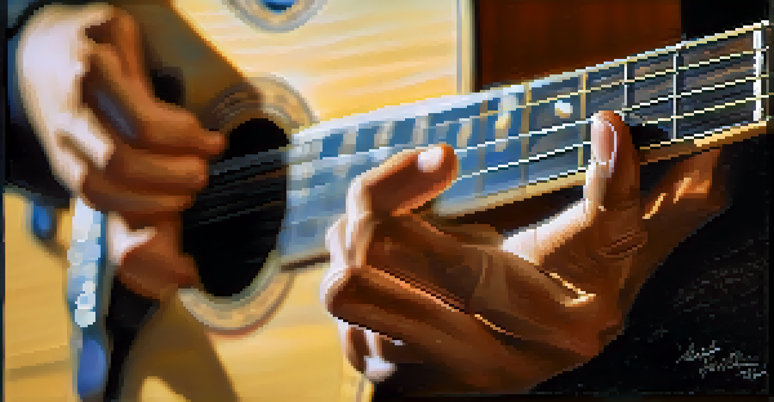 Close-up of hands playing a guitar, focusing on finger placements and the guitar's shiny wood texture in a warm light setting.