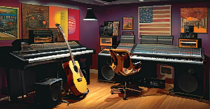 A music studio with a producer at a mixing console and a guitarist playing an electric guitar, warm lighting and colorful decor.