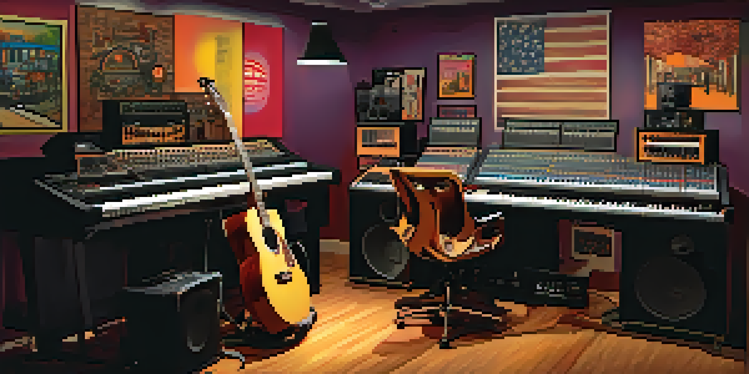 A music studio with a producer at a mixing console and a guitarist playing an electric guitar, warm lighting and colorful decor.