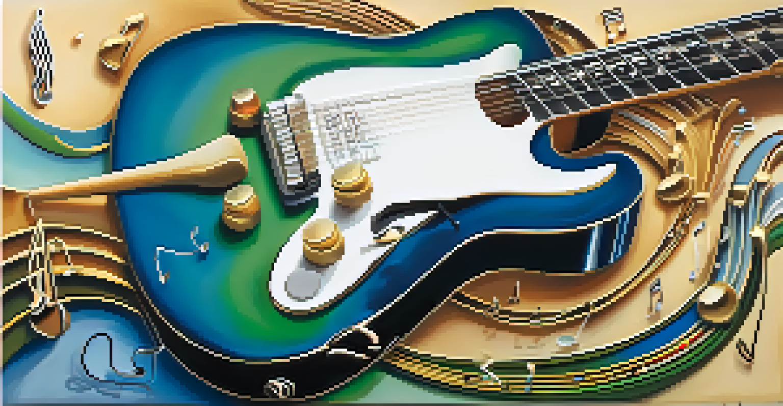 Illustration of musical notes flowing from a guitar, representing strumming patterns.