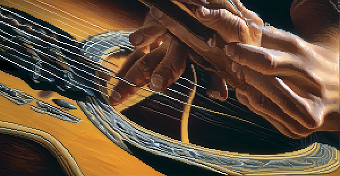A close-up of a guitarist's hands strumming a guitar, showcasing the motion and details of the instrument.