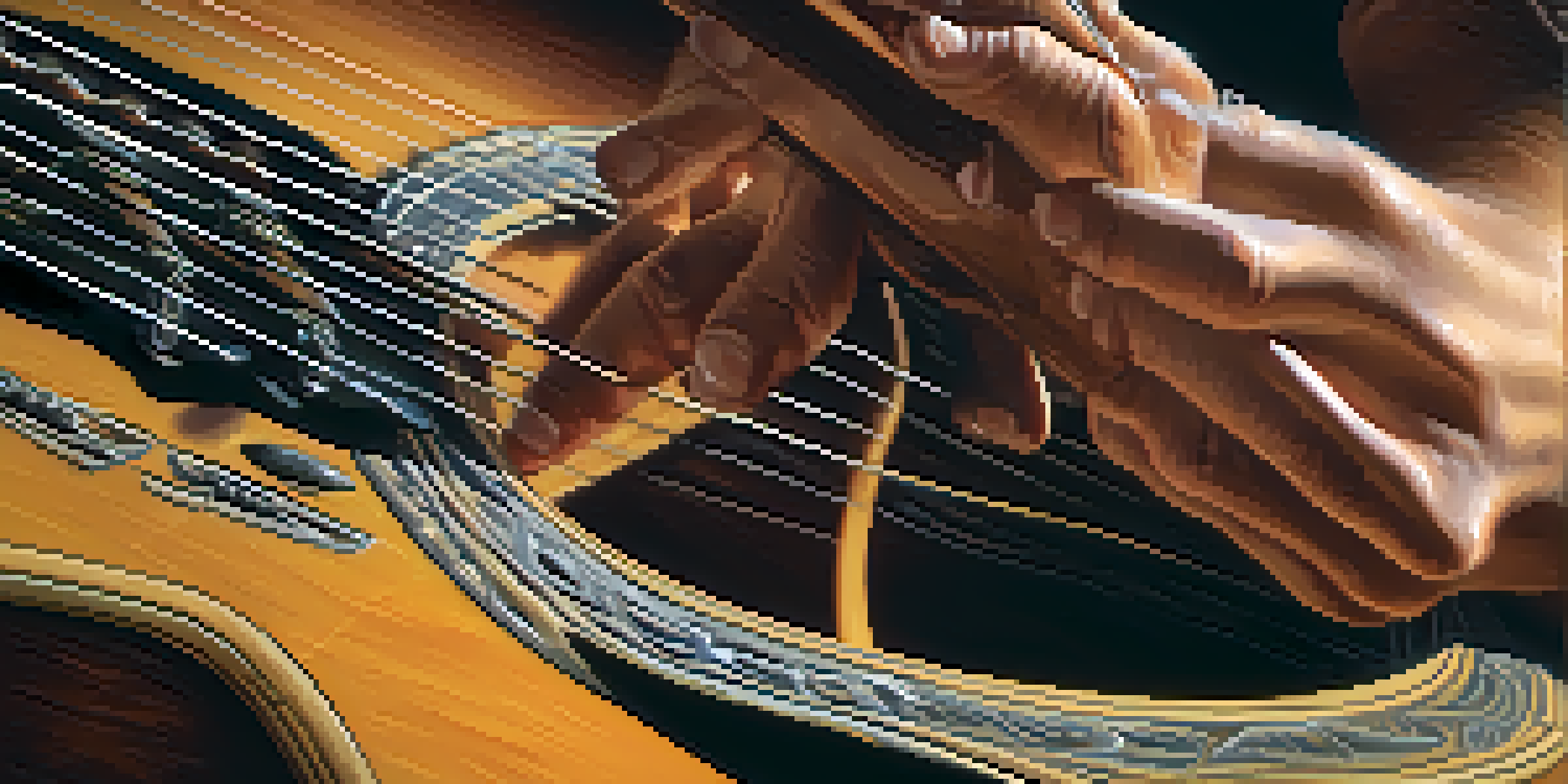 A close-up of a guitarist's hands strumming a guitar, showcasing the motion and details of the instrument.