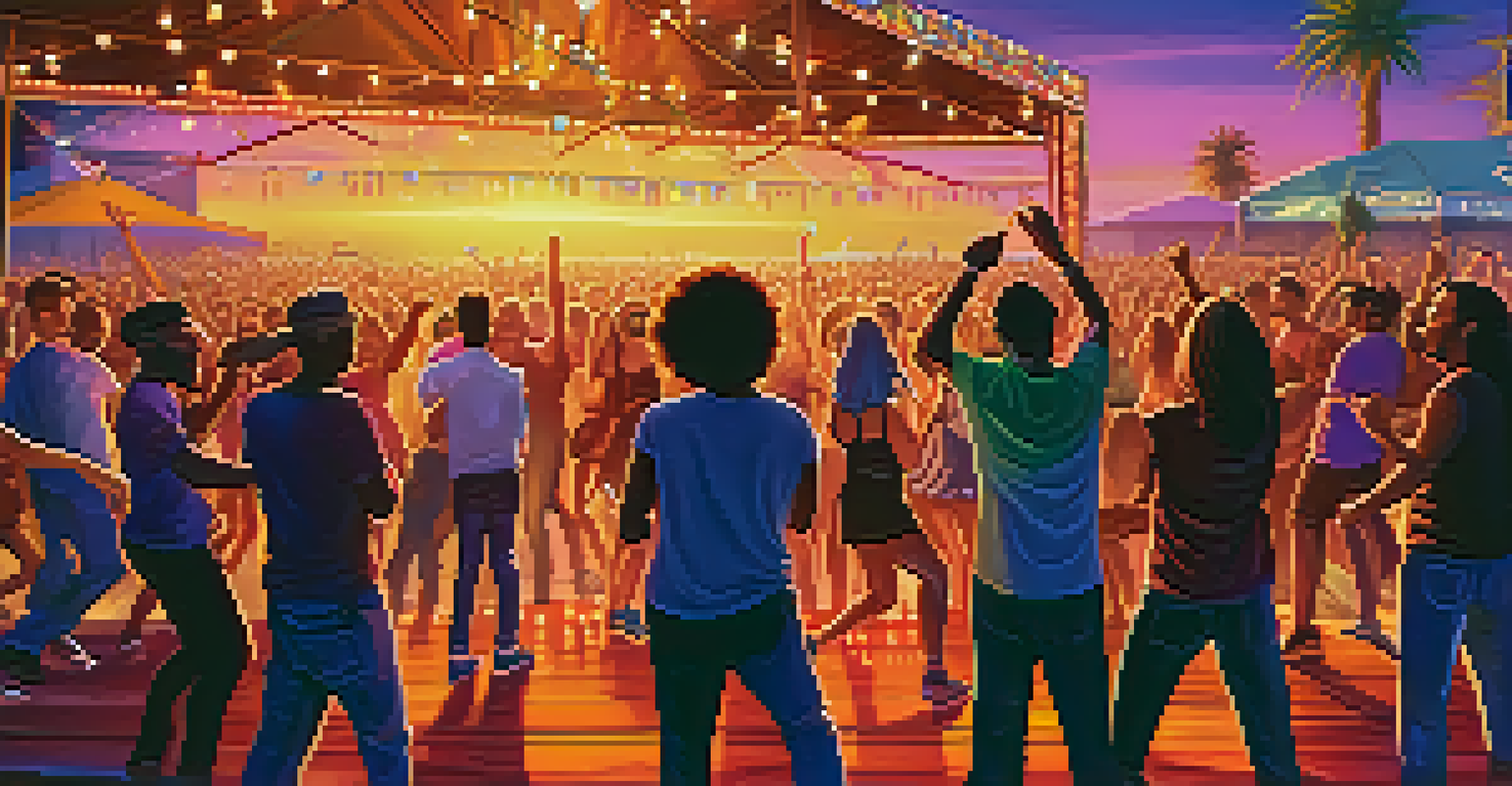 Musicians performing on stage at a festival, with a lively crowd and a beautiful sunset in the background.