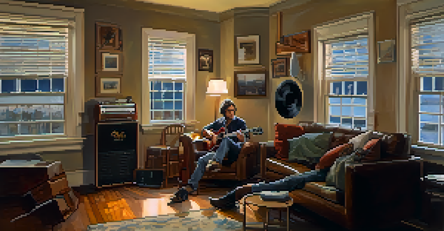 A guitarist in a cozy room, writing lyrics on a notepad, surrounded by guitars and warm lighting.