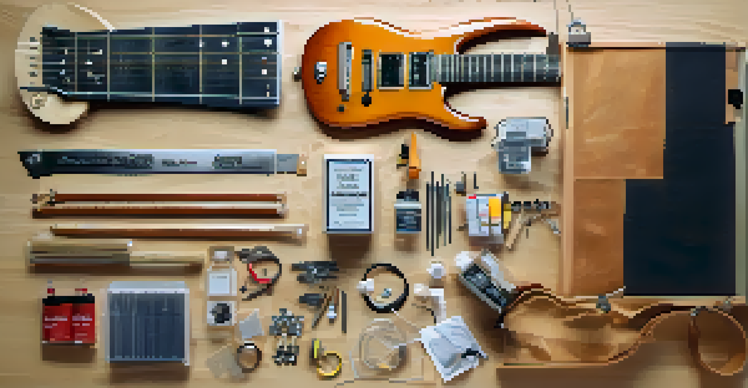 An overhead view of a clean workspace with an electric guitar and tools for maintenance.