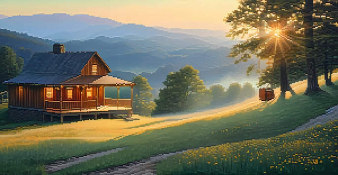 A peaceful view of the Appalachian hills at sunrise, featuring a wooden cabin and bluegrass instruments on the porch.