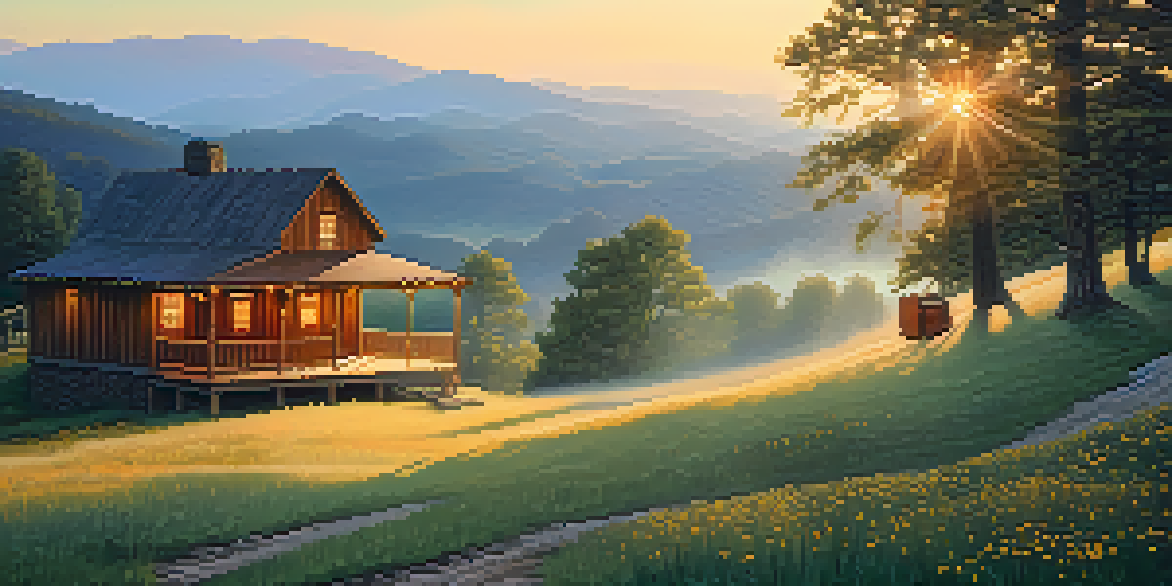 A peaceful view of the Appalachian hills at sunrise, featuring a wooden cabin and bluegrass instruments on the porch.