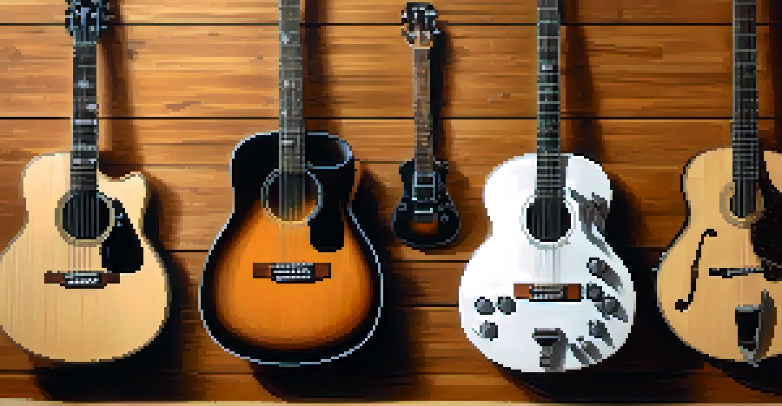 Various guitars arranged in a circular pattern on a wooden surface, illuminated by soft natural light.