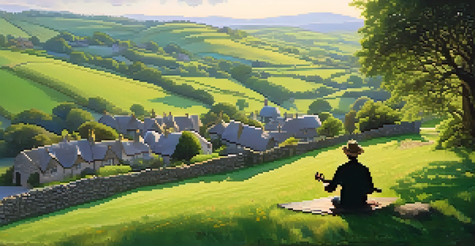 A peaceful Celtic village with a musician playing guitar amidst green hills and wildflowers.