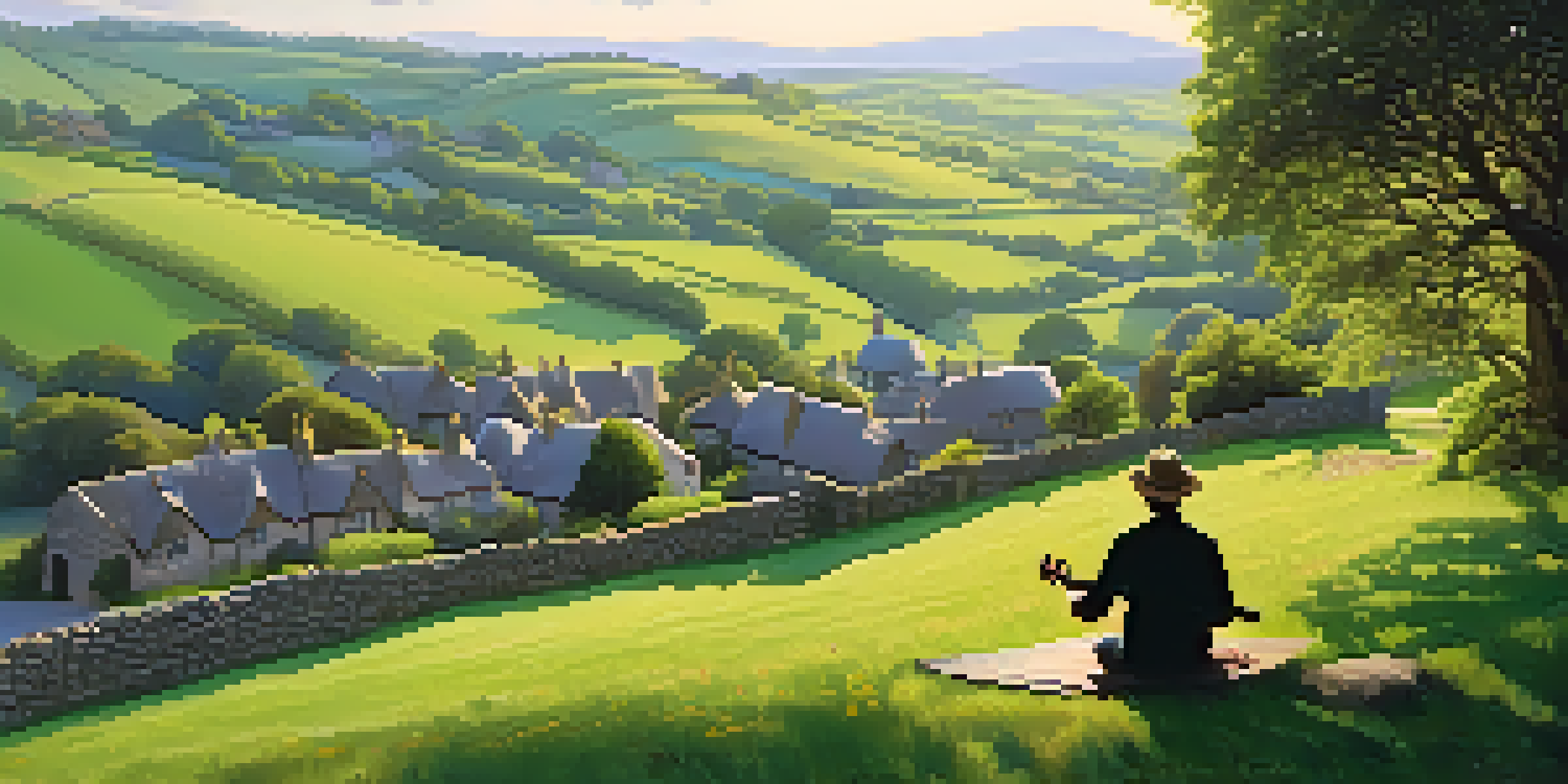 A peaceful Celtic village with a musician playing guitar amidst green hills and wildflowers.