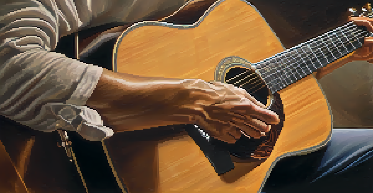 A close-up of a guitarist's hands playing an acoustic guitar, highlighting the texture of the instrument and the musician's skill.