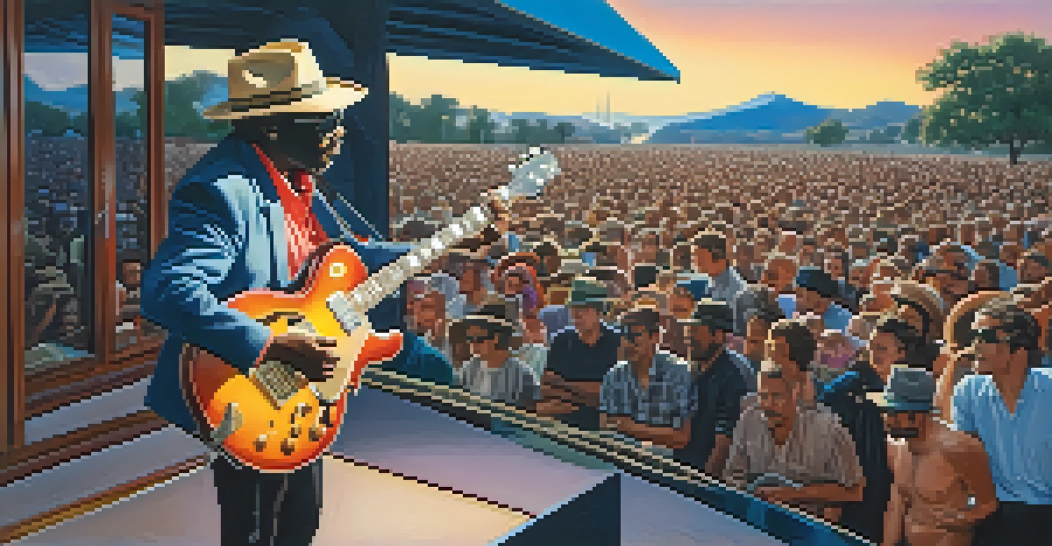 A blues musician playing an electric guitar on stage at sunset, surrounded by an enthusiastic audience.
