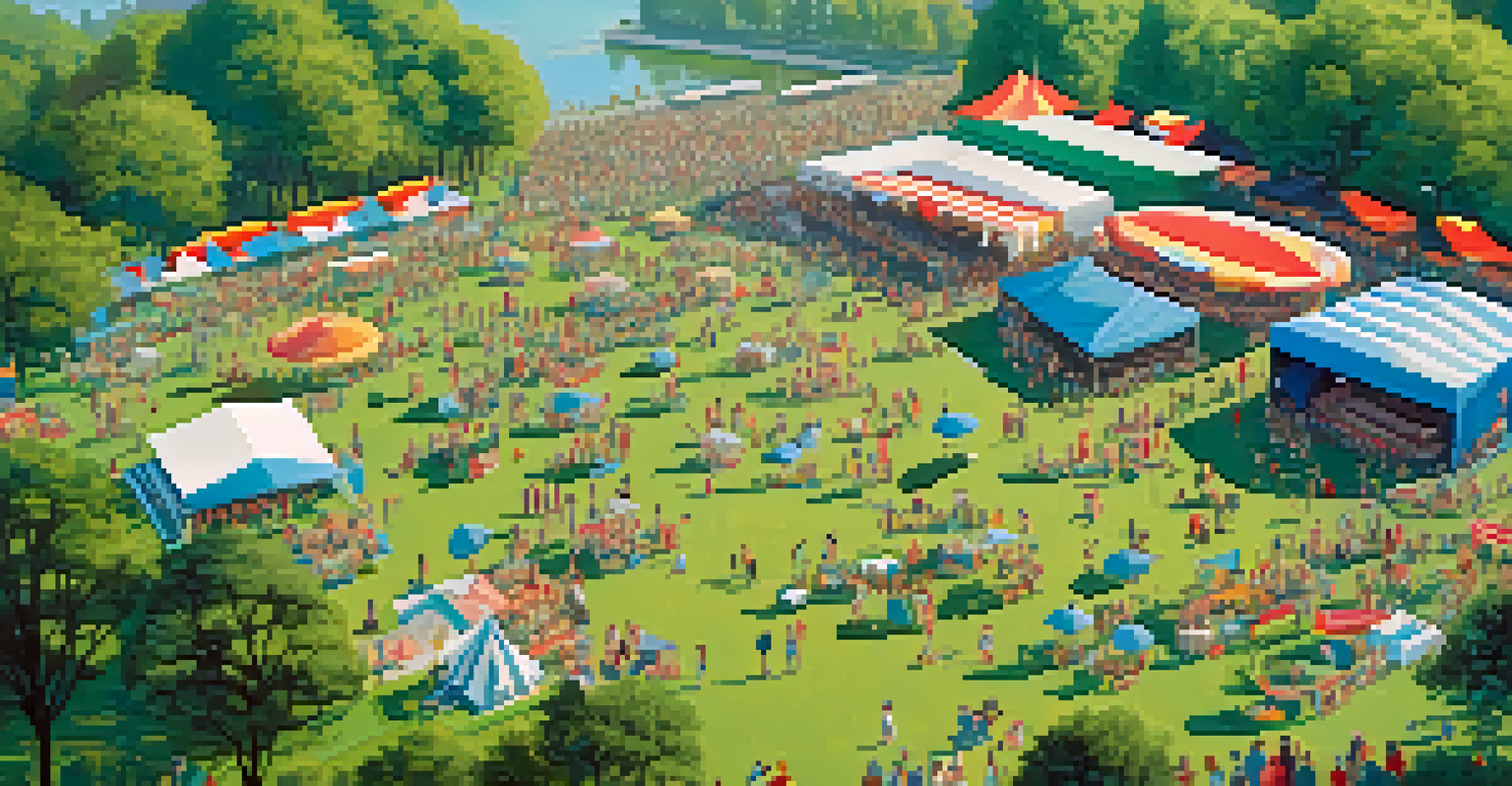 An aerial view of a lively music festival with stages, food stalls, and attendees enjoying the day.