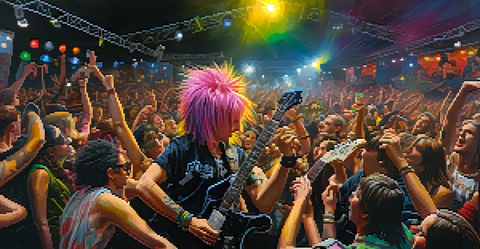 A lively punk rock concert with fans in colorful attire and a guitarist performing on stage, surrounded by graffiti art.