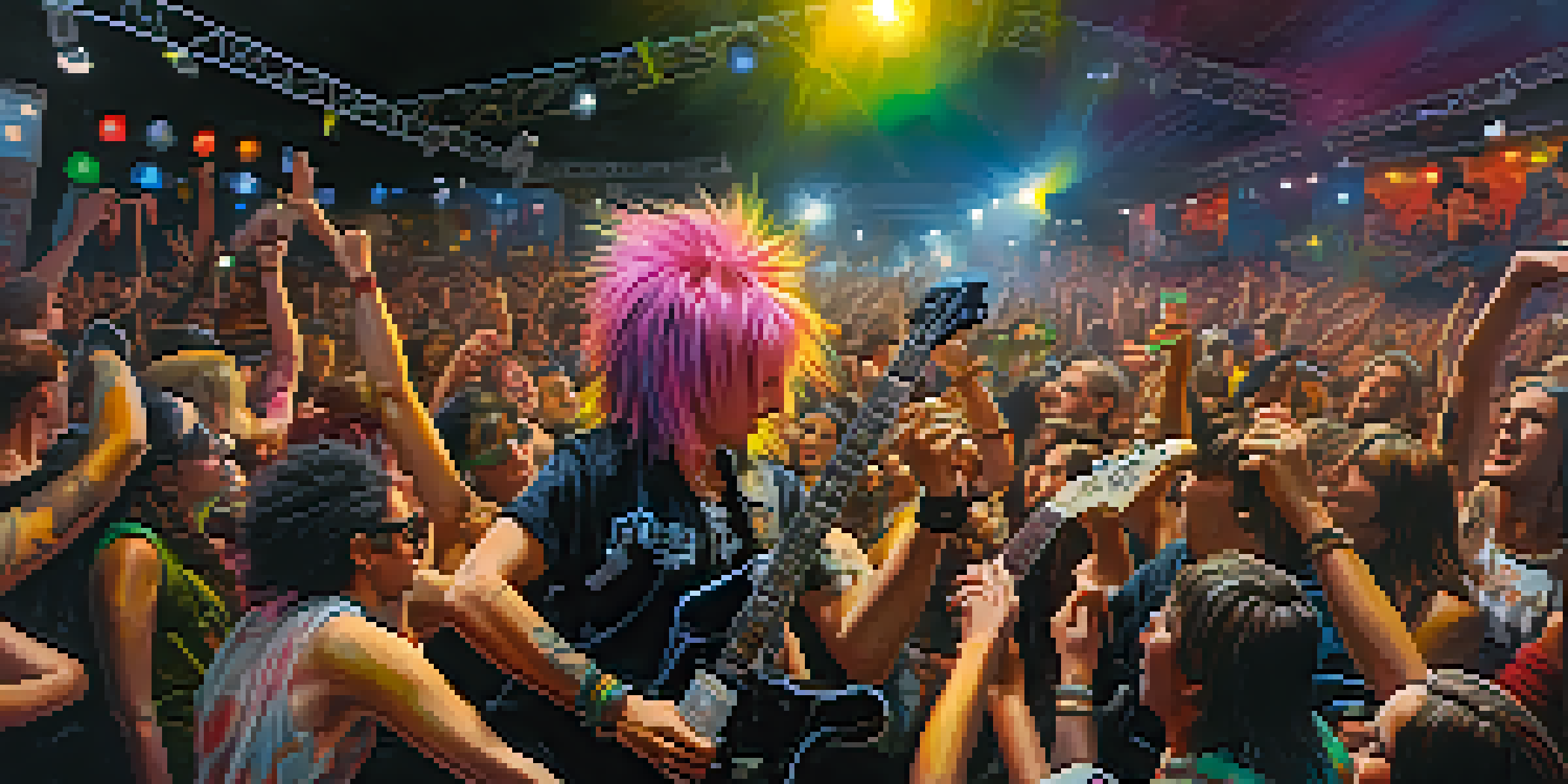 A lively punk rock concert with fans in colorful attire and a guitarist performing on stage, surrounded by graffiti art.
