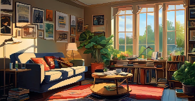 A guitarist sitting in a cozy living room filled with guitar books and sheet music, with warm natural light coming through a window.