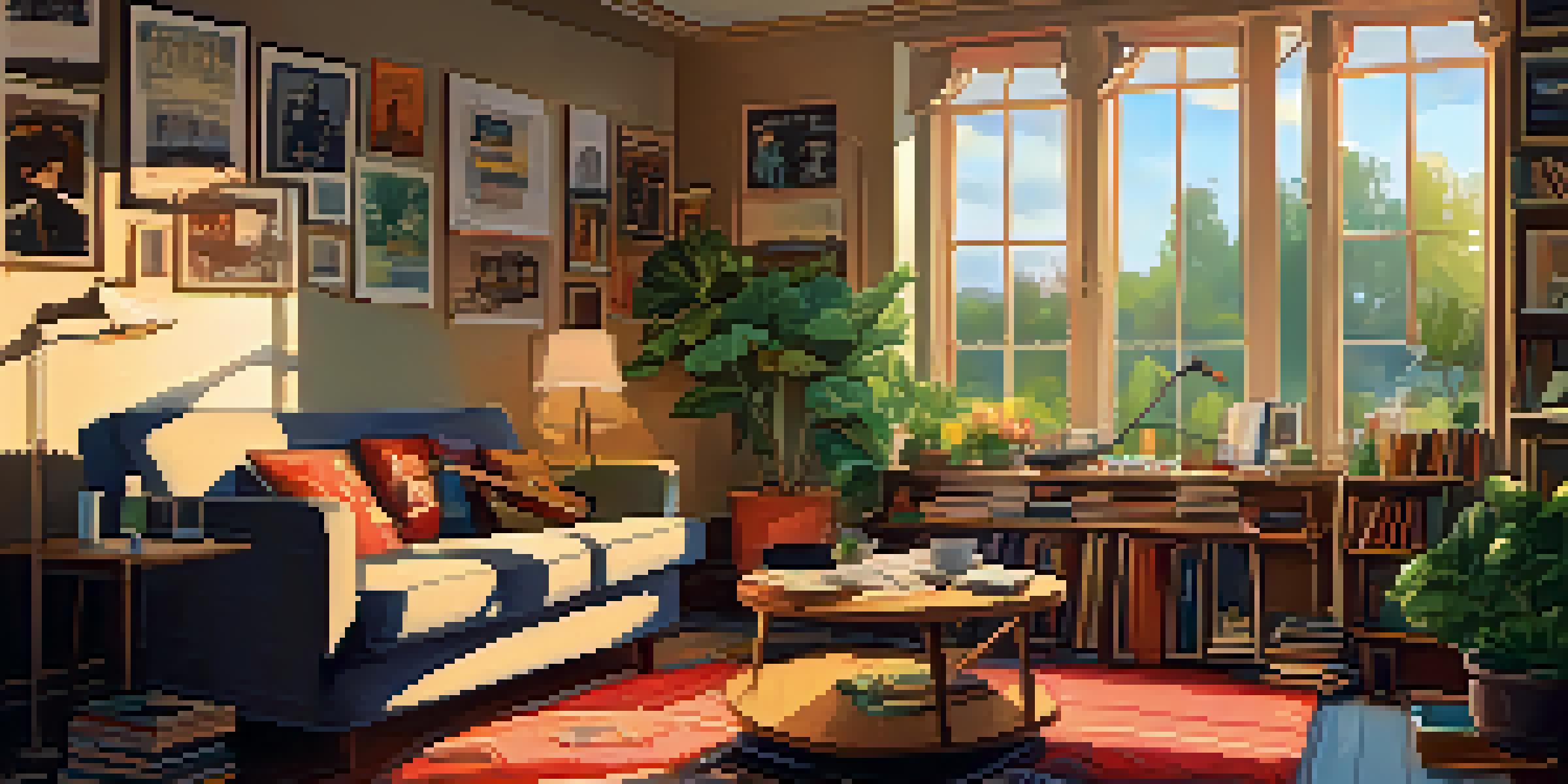 A guitarist sitting in a cozy living room filled with guitar books and sheet music, with warm natural light coming through a window.