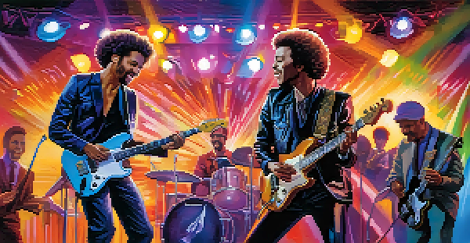 A rock guitarist in a leather jacket and a jazz musician in a suit playing together on stage with colorful lights and an excited audience.