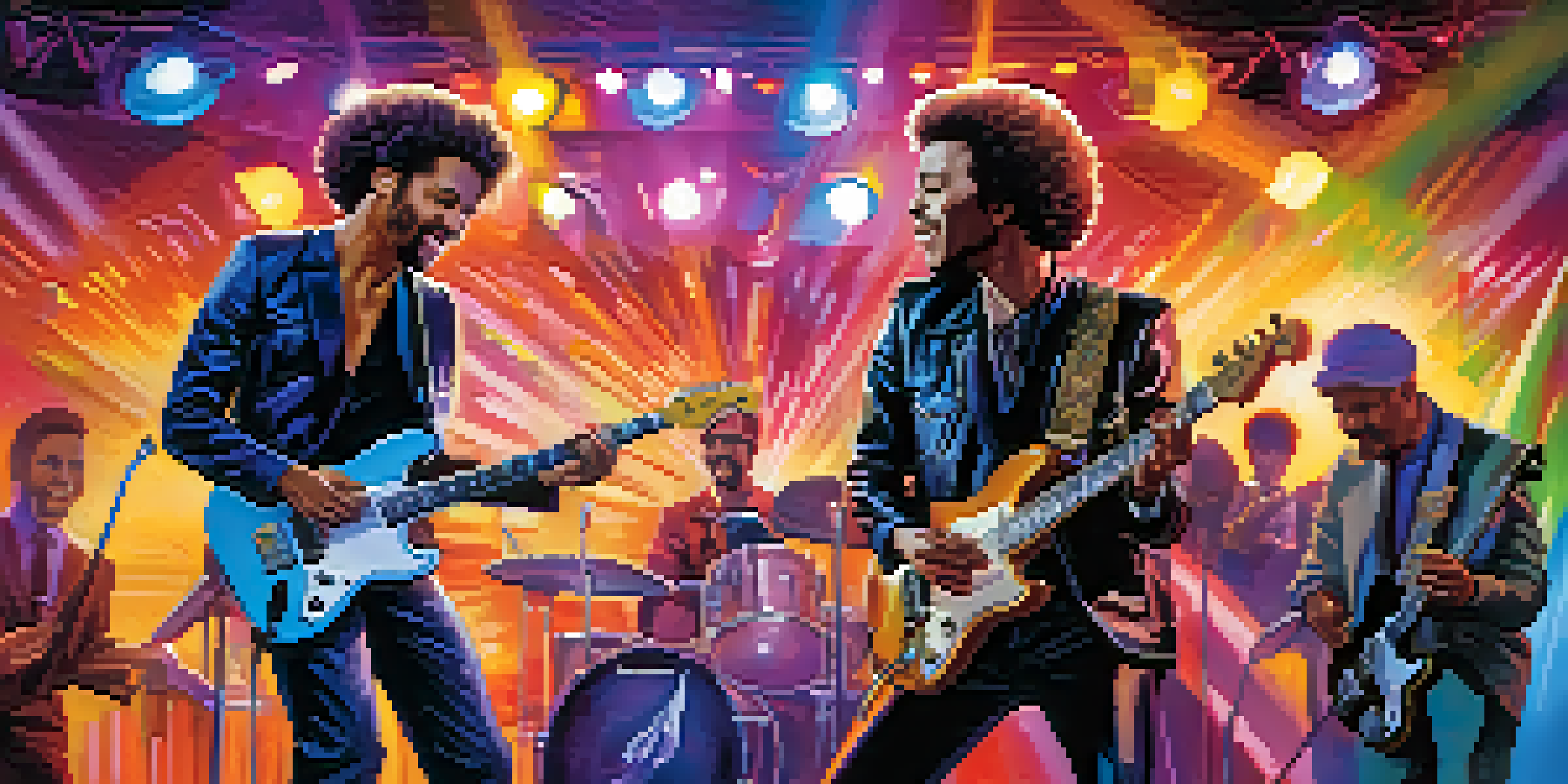 A rock guitarist in a leather jacket and a jazz musician in a suit playing together on stage with colorful lights and an excited audience.