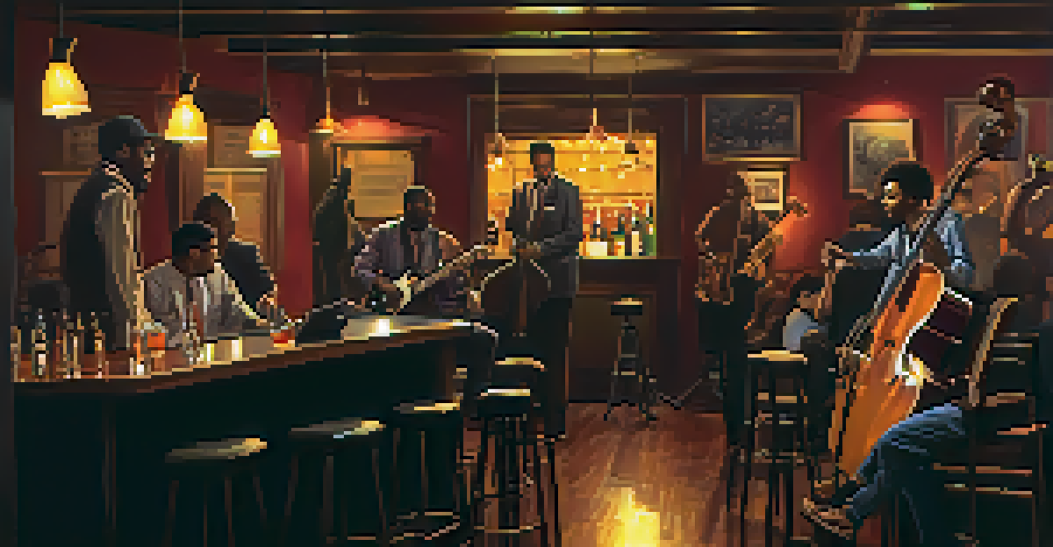 A cozy jazz jam session in a bar with musicians improvising together, highlighted by warm lighting and textured surroundings.
