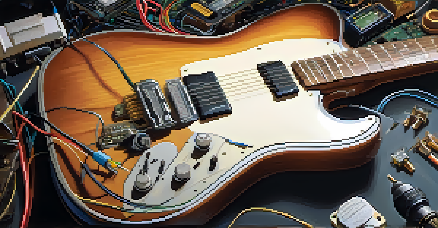 A close-up of a guitar's electronics being repaired, showing a soldering iron, multimeter, and spare parts on a workbench.