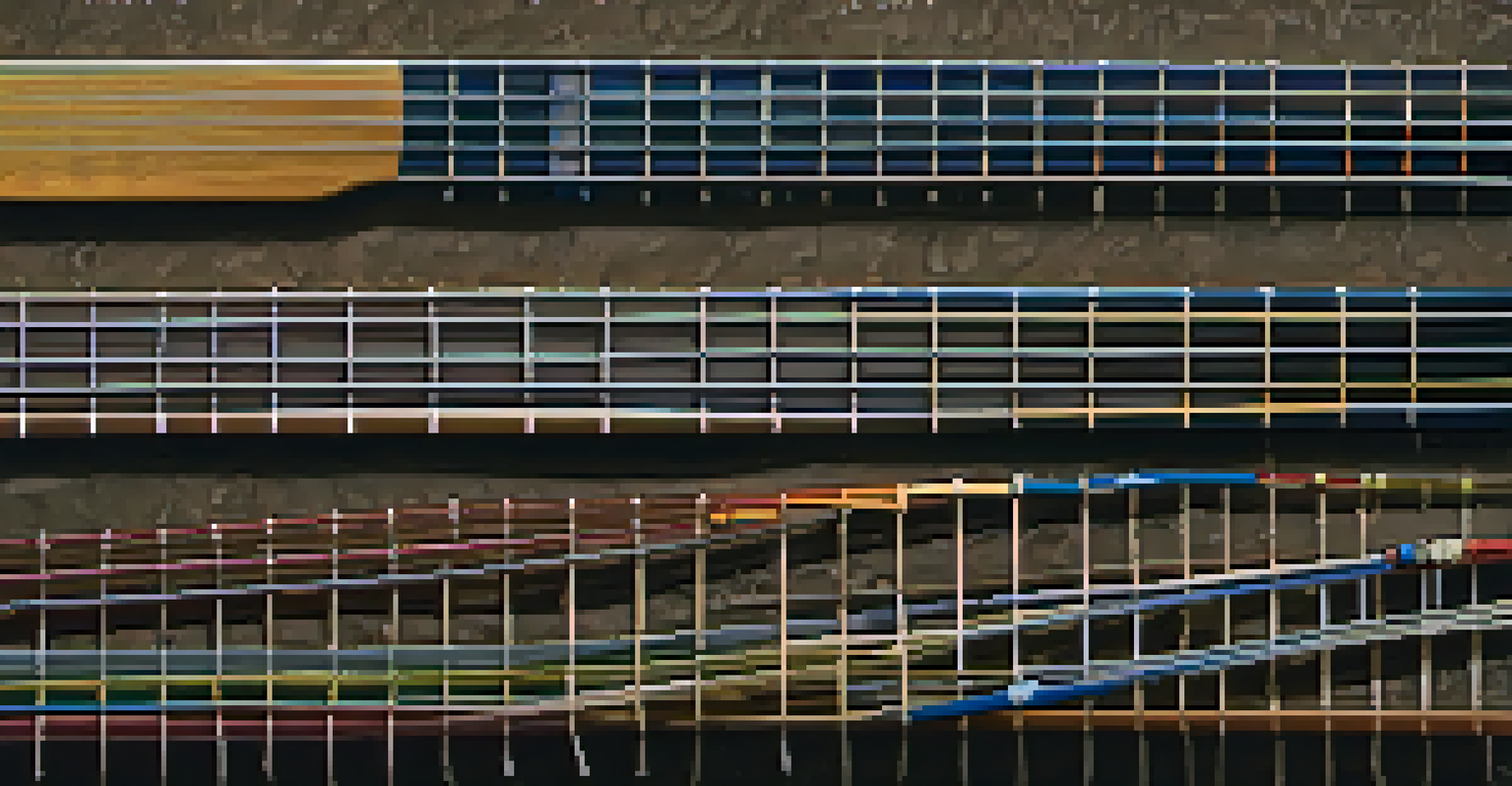 A variety of guitar strings displayed on a textured fabric, showing different materials and gauges with labels.