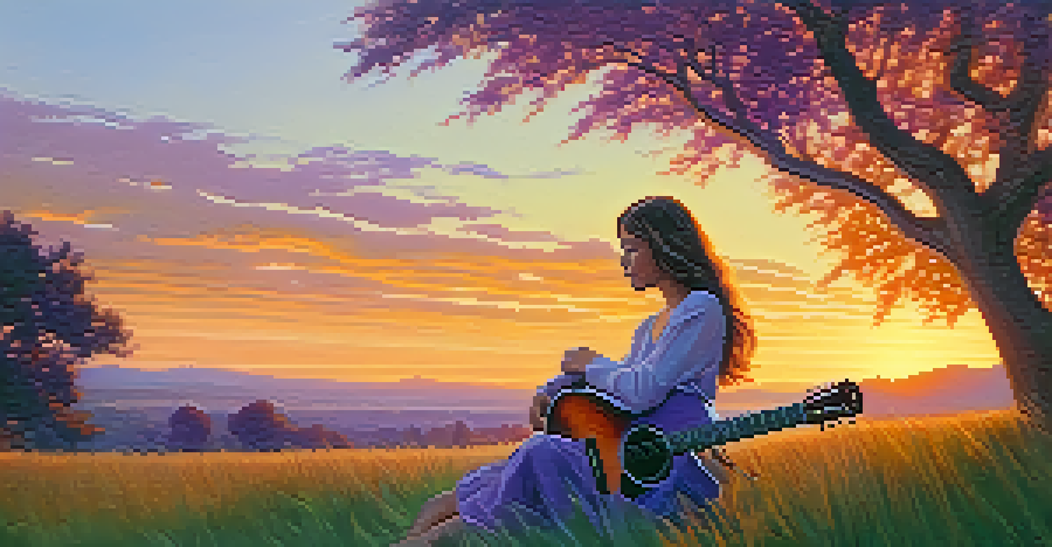 A young woman sitting on a grassy hill, playing an acoustic guitar against a colorful sunset sky.