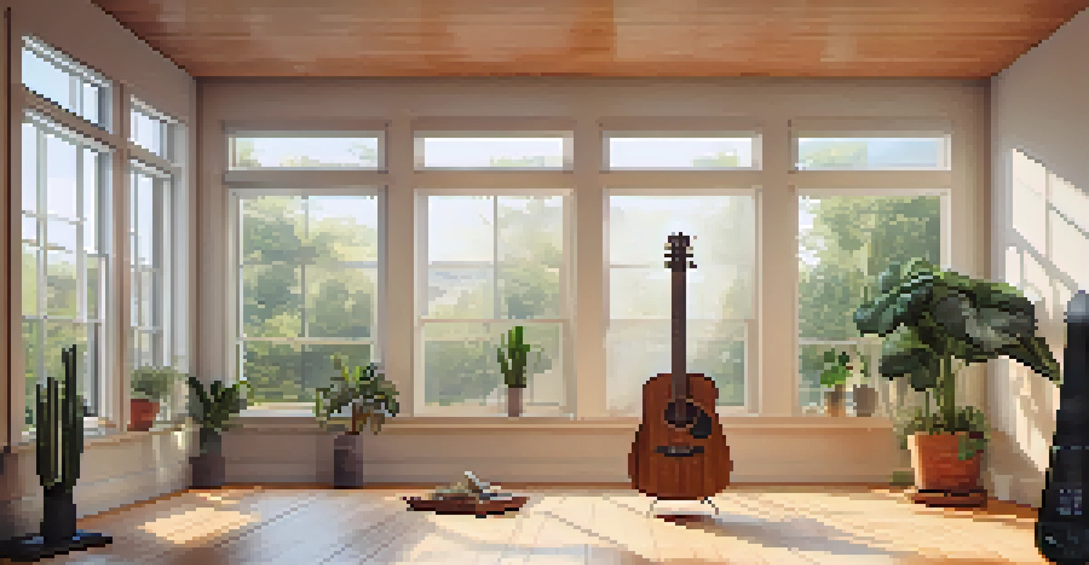 A bright and spacious room with an acoustic guitar on a stand, large windows, and potted plants.