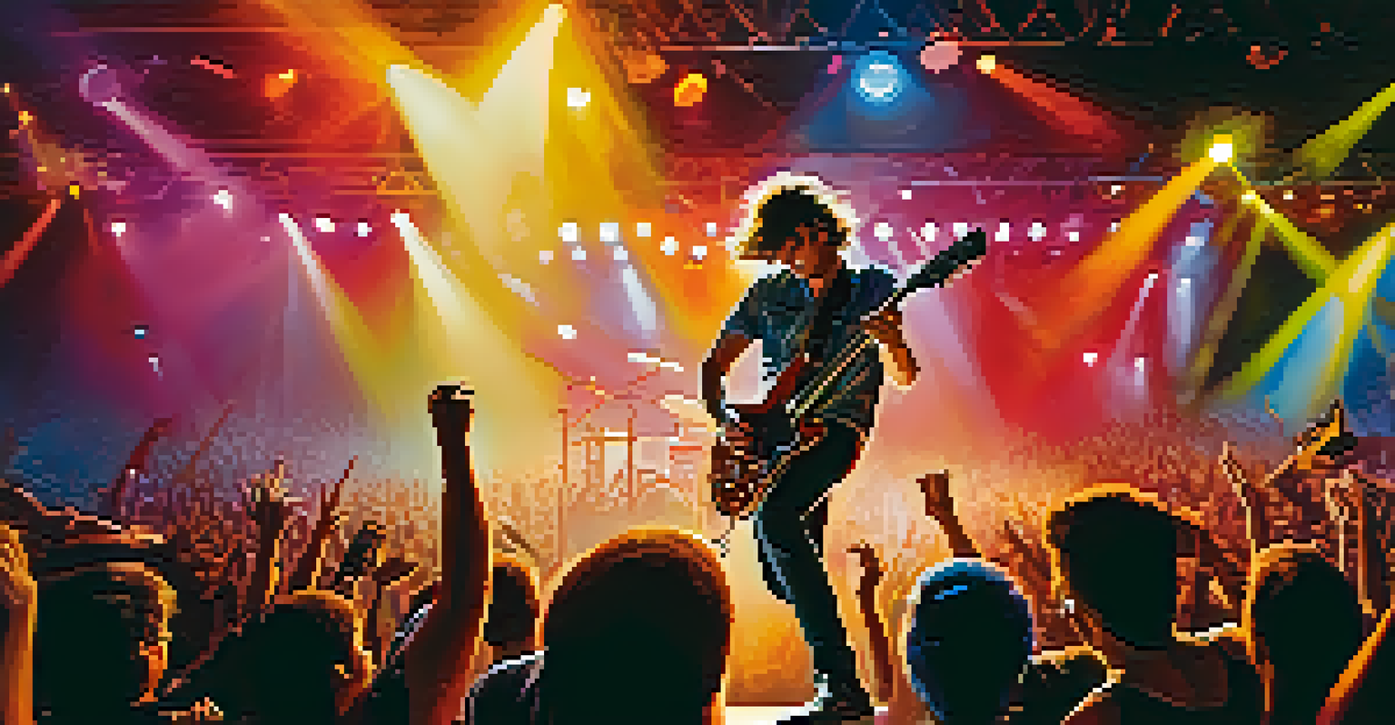 A guitarist performing on stage with colorful lights and an energetic crowd, sound waves visually represented.