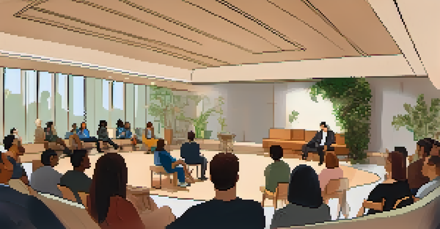 A cozy and inclusive performance space filled with a diverse audience attentively engaging with a speaker in a warm, inviting environment.
