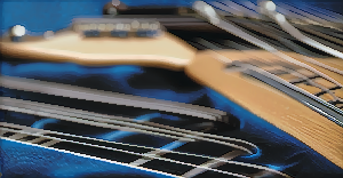 A close-up view of a guitar fretboard with fingers positioned on the strings, emphasizing the blues scale pattern.
