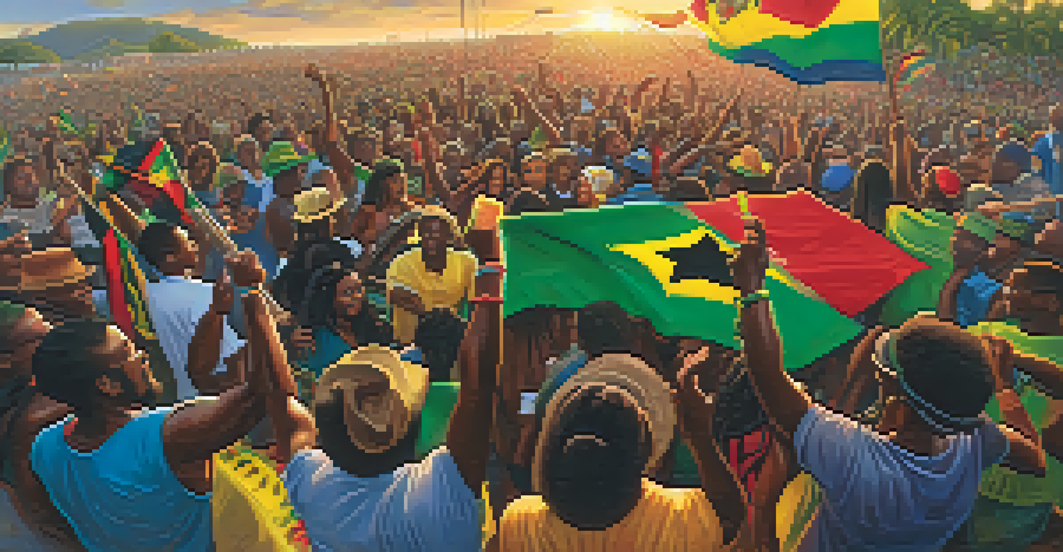 A reggae guitarist performing outdoors at sunset, with a lively crowd and colorful decorations.
