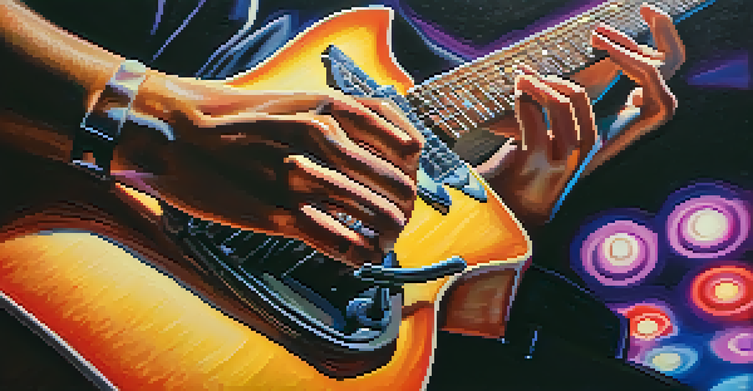 A close-up of a hand playing a guitar, with colorful stage lights in the background.