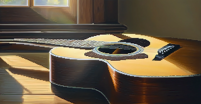 A close-up view of an acoustic guitar on a wooden table with sunlight creating soft shadows, surrounded by scattered sheet music notes.