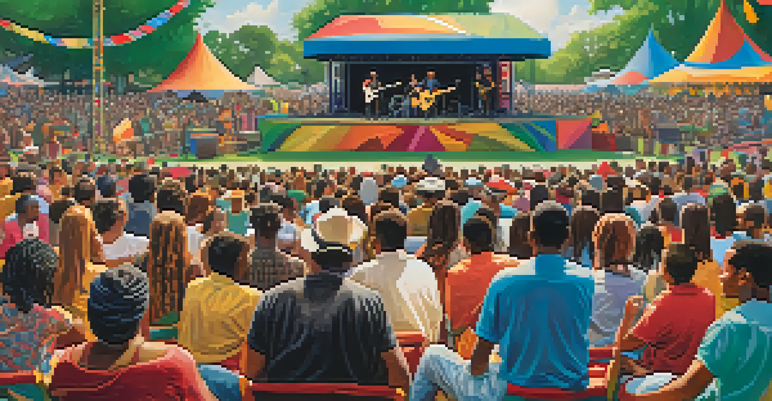 A diverse group of musicians playing guitars at an outdoor music festival, surrounded by an engaged audience and colorful decorations.
