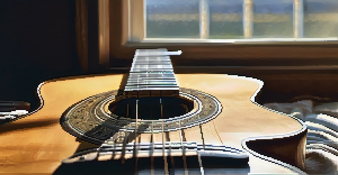 A close-up image of a wooden guitar with a hand pressing down on the strings, next to a music stand displaying a guitar tab, illuminated by soft natural light.