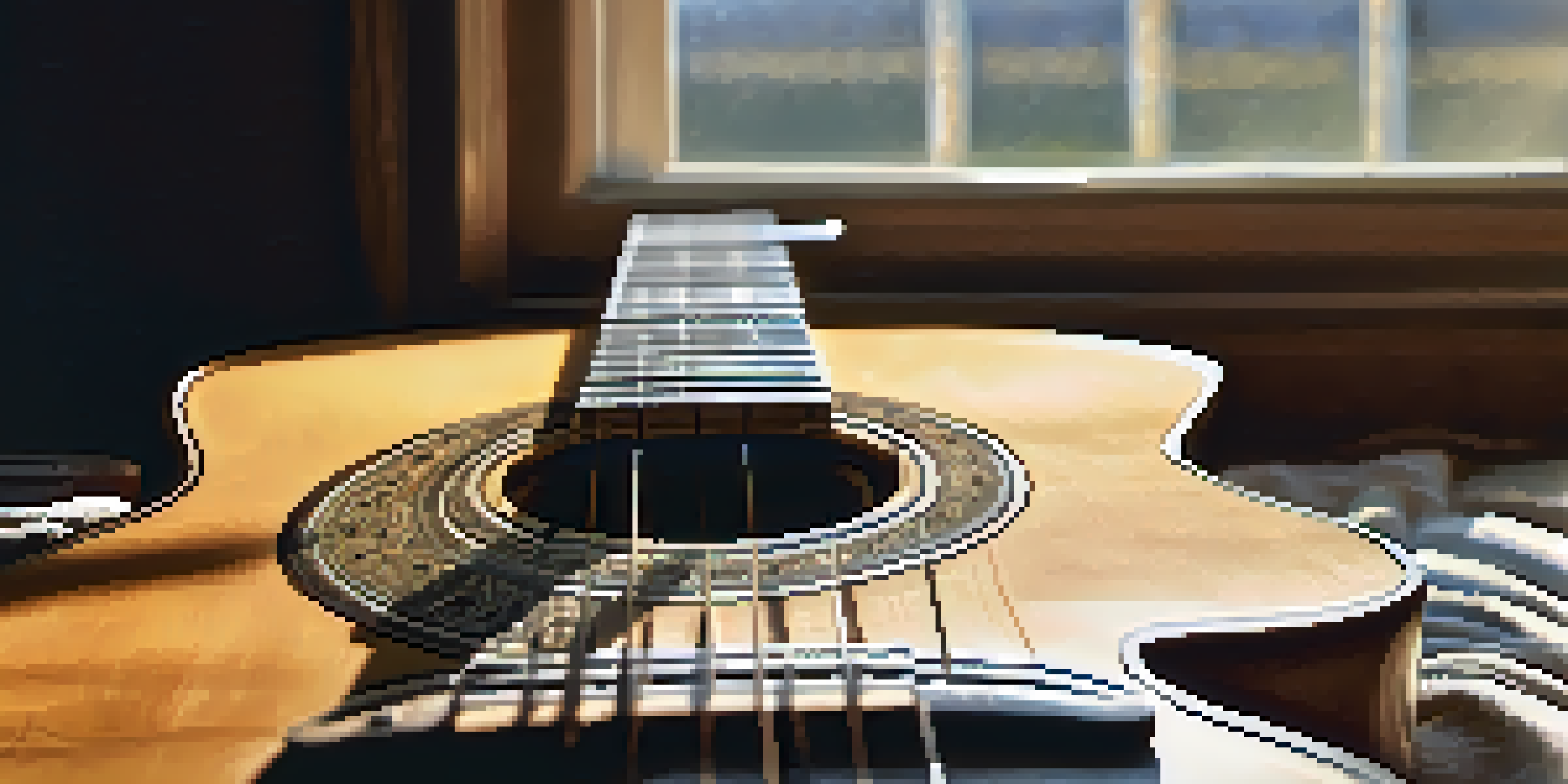 A close-up image of a wooden guitar with a hand pressing down on the strings, next to a music stand displaying a guitar tab, illuminated by soft natural light.