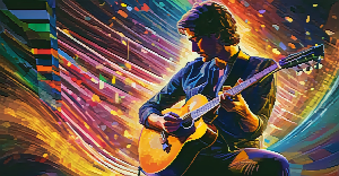 A guitarist performing on stage with colorful digital visuals in the background, creating an immersive atmosphere.