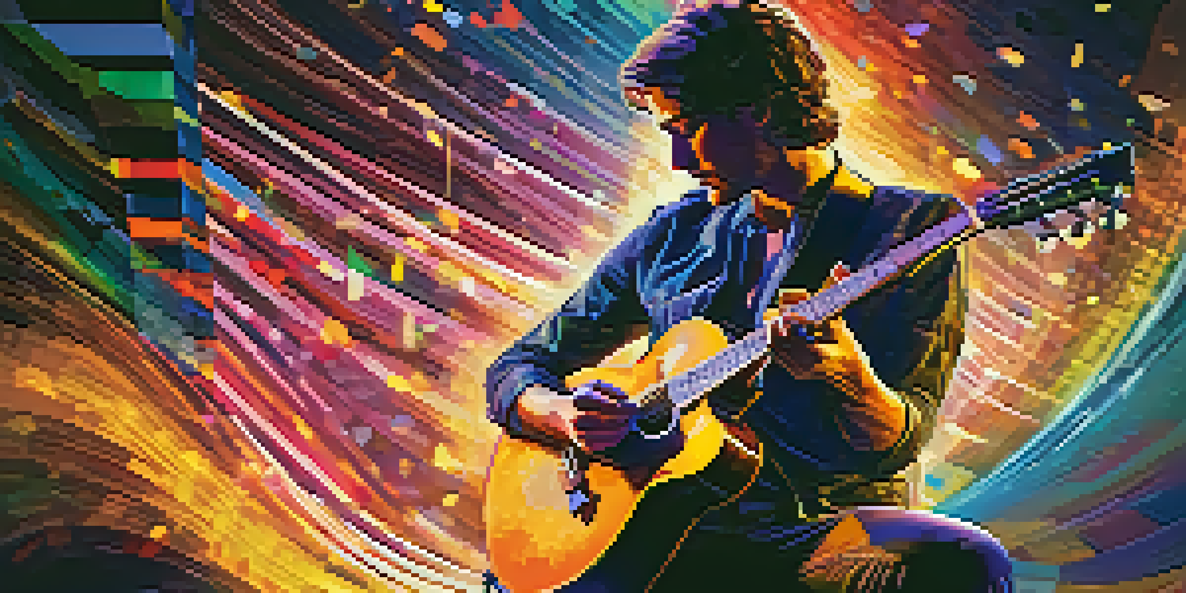 A guitarist performing on stage with colorful digital visuals in the background, creating an immersive atmosphere.