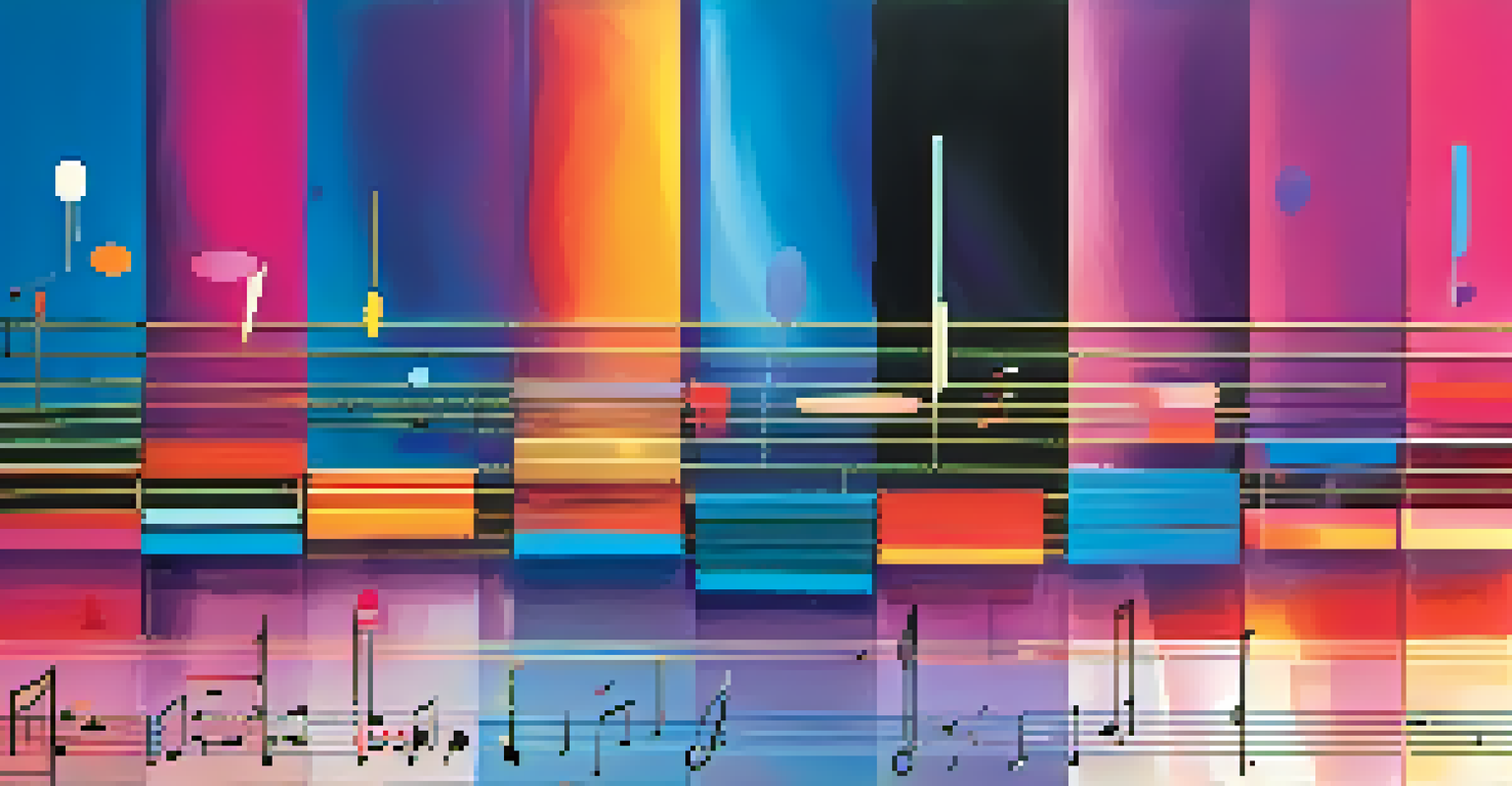 An abstract image of colorful sound waves and musical symbols on a vibrant background, representing creativity and rhythm in music.