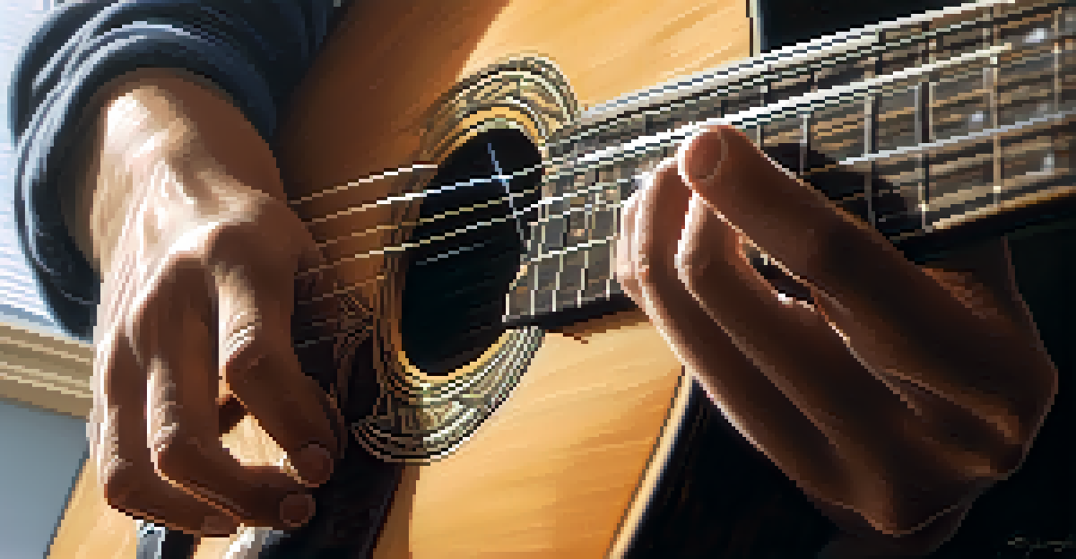 A close-up of a hand fingerpicking an acoustic guitar, showcasing the wood grain and soft light from a window.