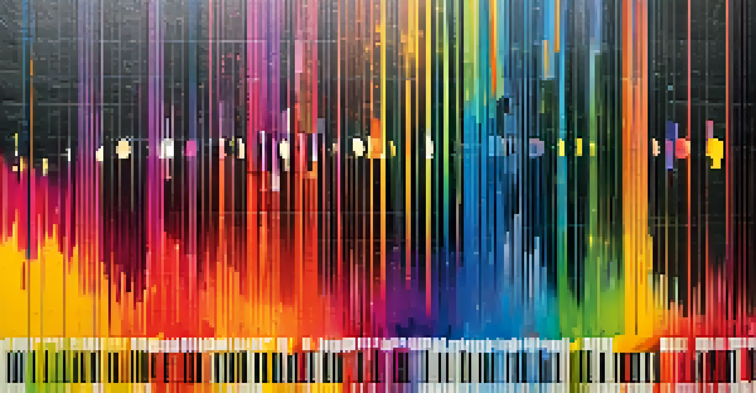 An abstract illustration of the frequency spectrum in music, showcasing colorful waveforms and musical notes to represent equalization.