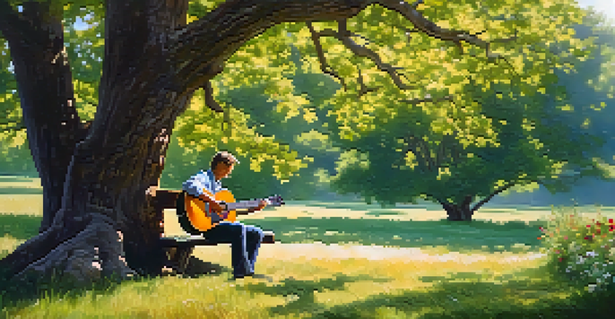 A guitarist sitting on a bench under an oak tree, playing an acoustic guitar in a sunny outdoor setting with wildflowers around.