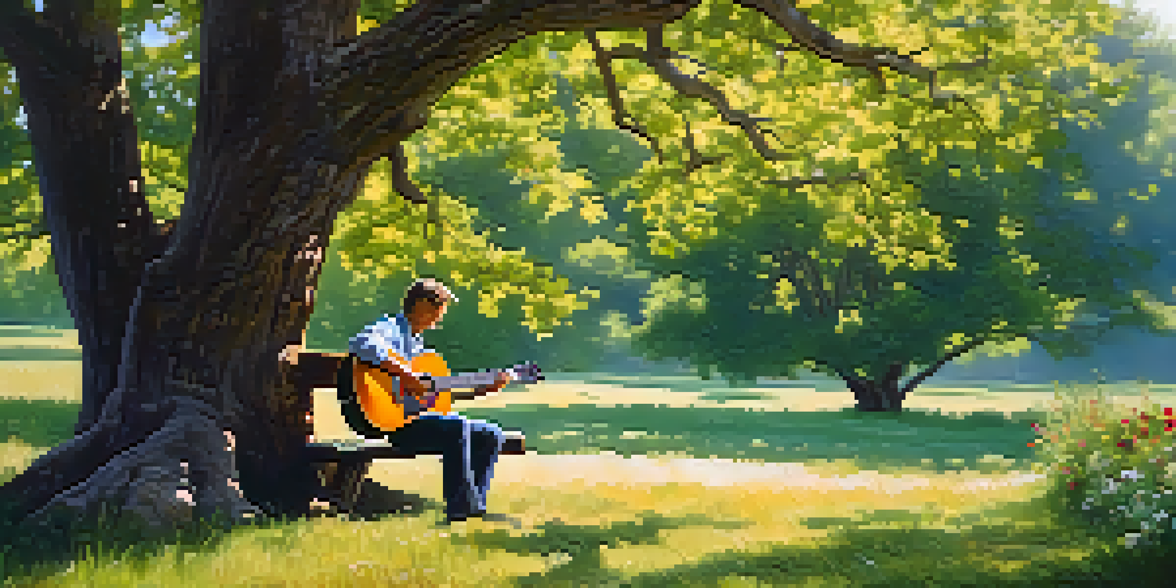 A guitarist sitting on a bench under an oak tree, playing an acoustic guitar in a sunny outdoor setting with wildflowers around.