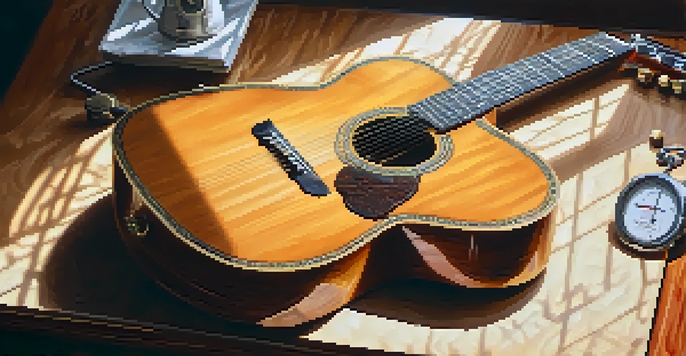 A close-up of a wooden guitar on a table, with a hygrometer in the background showing 50% humidity and soft light filtering through a window.