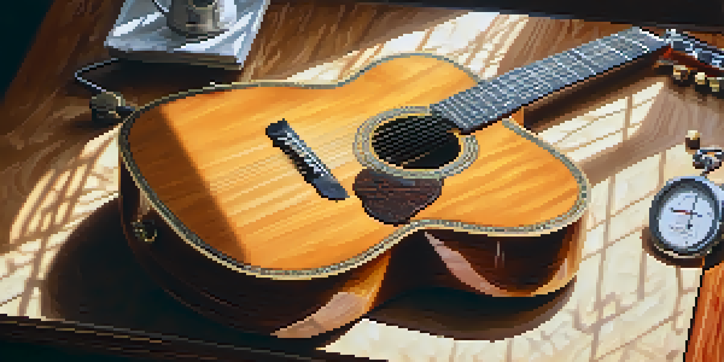 A close-up of a wooden guitar on a table, with a hygrometer in the background showing 50% humidity and soft light filtering through a window.