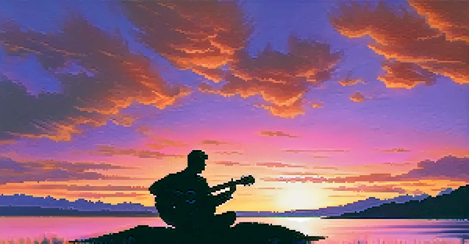 A silhouette of a guitarist sitting on a hill during sunset, with vibrant colors in the sky and a calm lake in the background.
