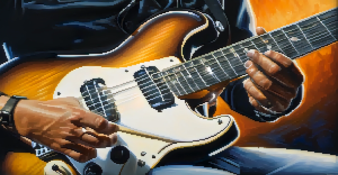 A guitarist's hands playing an electric guitar, emphasizing alternate picking technique with a blurred background.