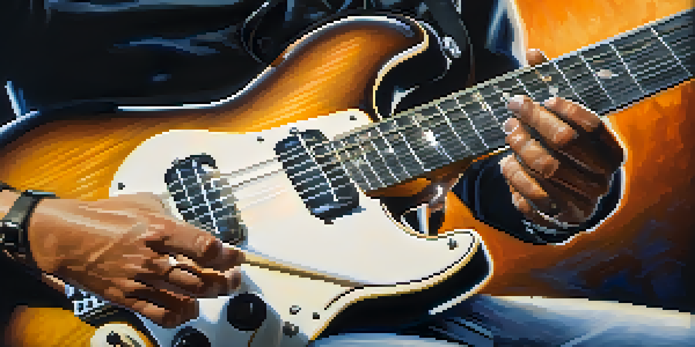 A guitarist's hands playing an electric guitar, emphasizing alternate picking technique with a blurred background.